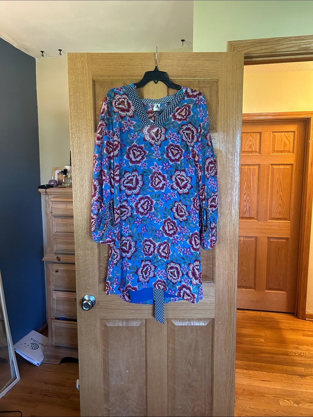 CAbi Blue Floral V-Neck Tunic with Pink & Purple Blooms
